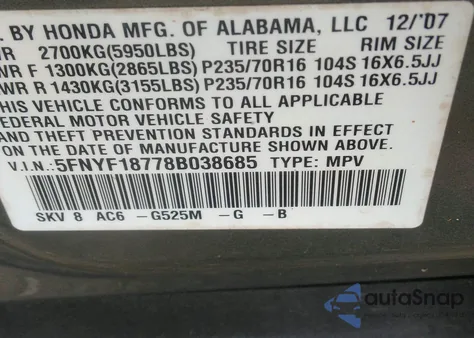 2008 Honda Pilot Ex-L from USA, damaged, VIN 5FNYF18778B038685